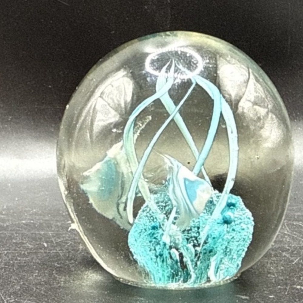 Art Glass Paperweight Fishbowl Underwater Scene Blue White Fish Jellyfish Swirl
